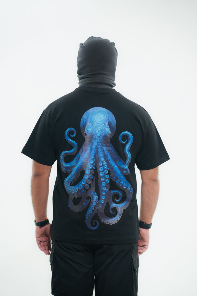 Ocean Blue Octopus Black T-Shirt